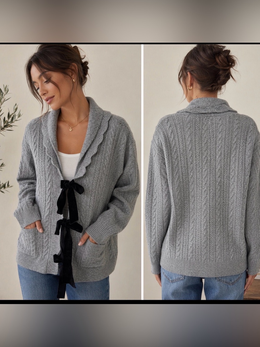 Joie Gray Cable Knit Cardigan Sweater Bow Tie Front Pockets Size L
